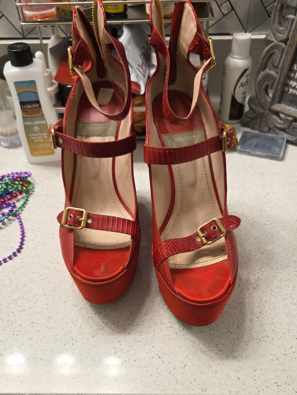 Vero Cuoio Red Strappy Platform Sandals with Gold Buckles